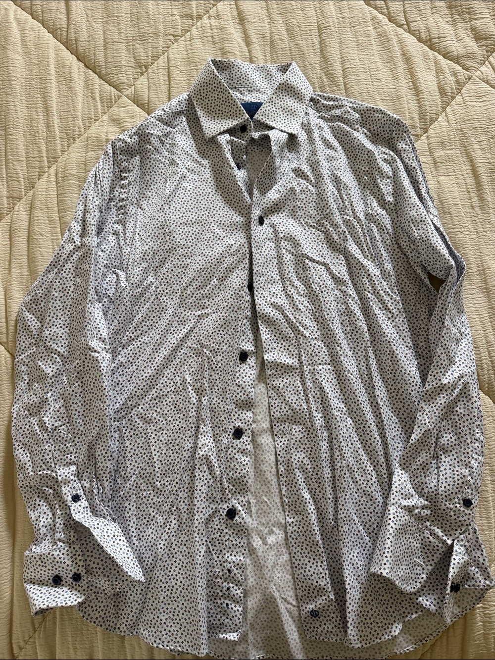David Donahue White Shirt with Navy Dot Microprint